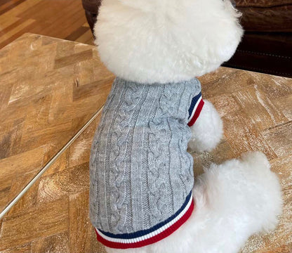 Dog wearing a gray cable-knit vest with striped trim