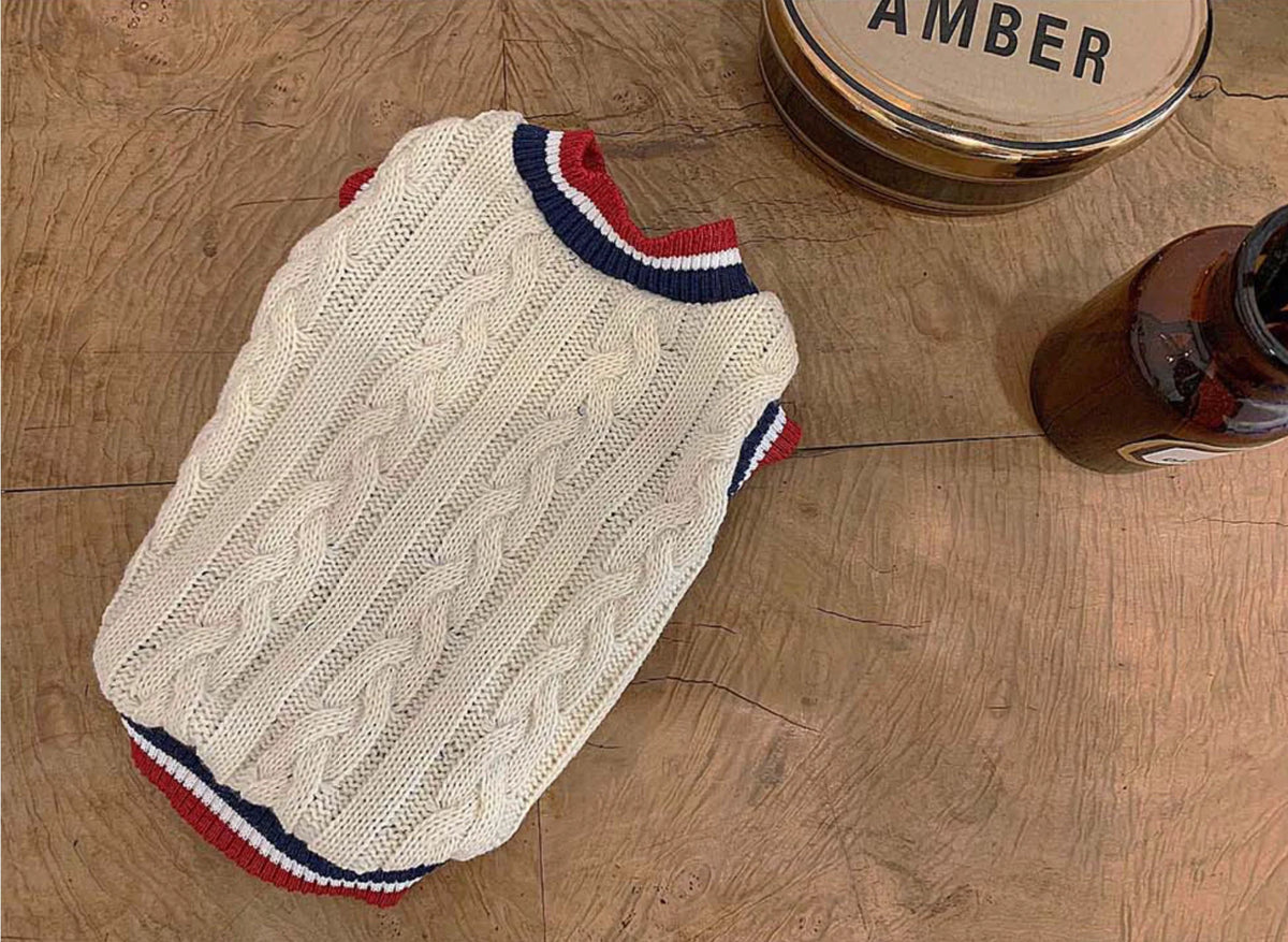 Ivory V-neck cable-knit dog vest