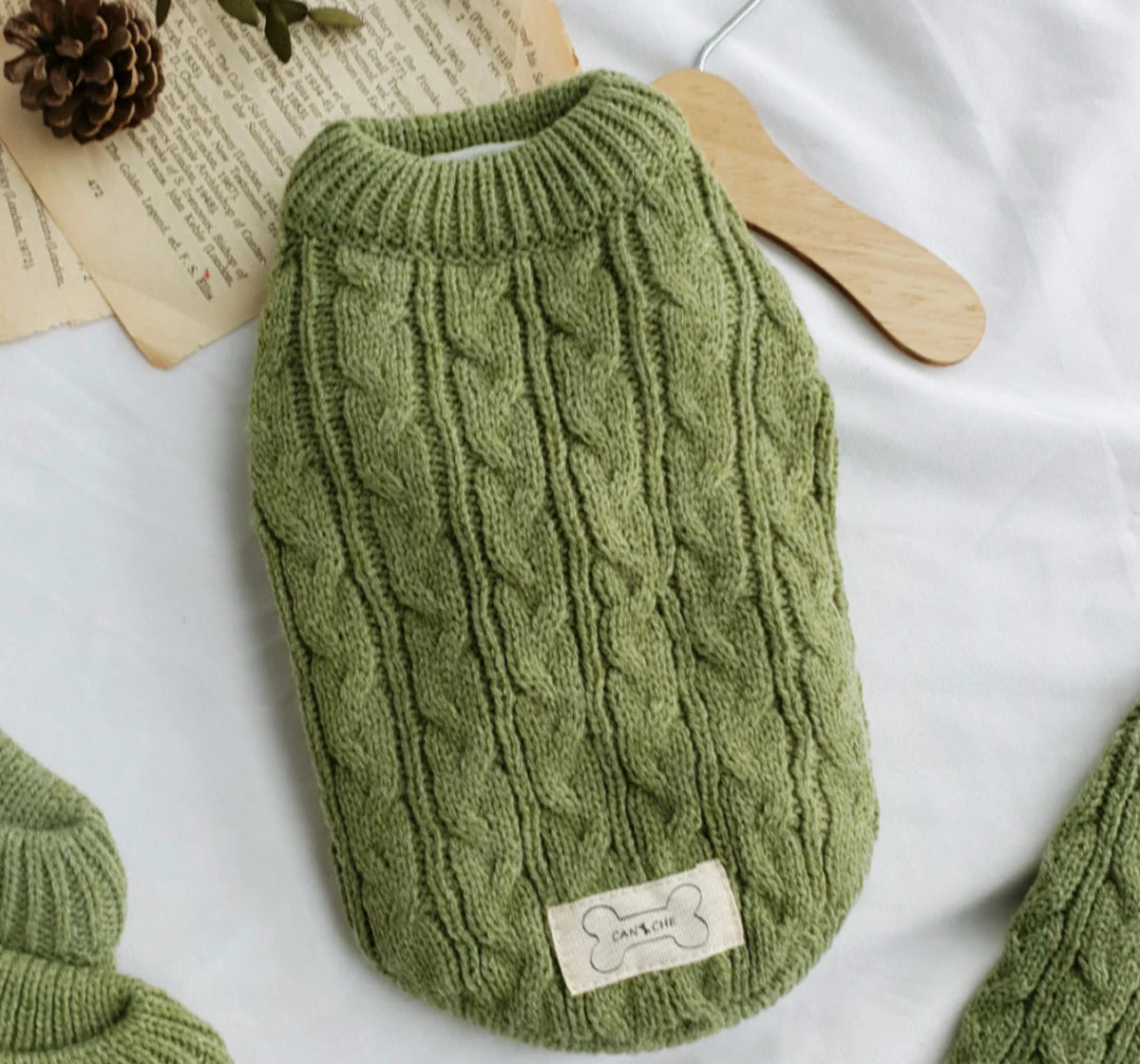 Olive cable-knit dog sweater