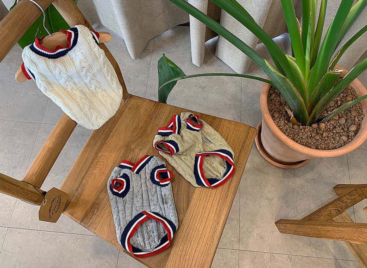 Cable-knit dog vests arranged on a chair