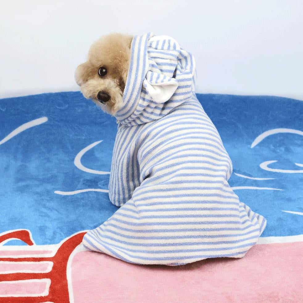 Small dog wearing a blue striped robe